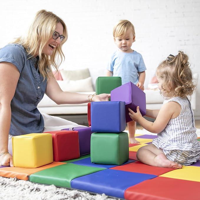 ECR4Kids SoftZone Patchwork Toddler Activity Mat and 12 Stacking Block Set, Colorful Baby Crawling and Tummy Time Foam Pad and Building Blocks, Padded Infant Floor Mat, Foldable Design
