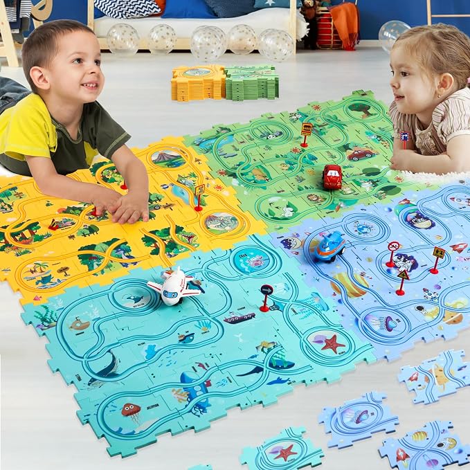 100PCS Puzzle Racer Kids Car Track Set Puzzle Racer Car Track Set with Roadmap Puzzle Track Car Play Set Toy for Kids 3-8 Years Old - 4 Style