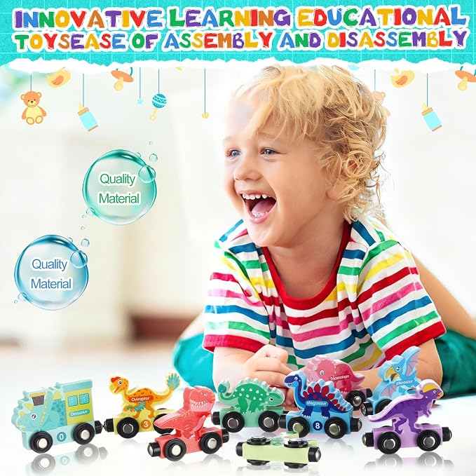 2 Set/24 Pcs Magnetic Dinosaur Animal Train Set Montessori Toys for Toddlers Wooden Dinosaur Animal Preschool Learning Activities Educational Sensory Easter Basket Stuffers Birthday Gifts