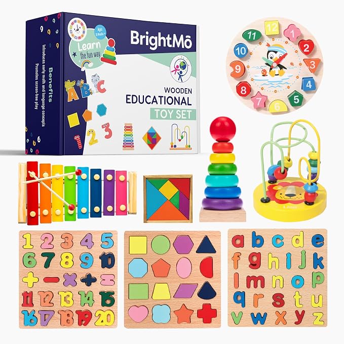 8-in-1 Montessori Wooden Activity Toy for 3 Year Old Boys & Girls – Alphabet, Numbers, Shape Sorting & Xylophone – Preschool Educational Learning Set