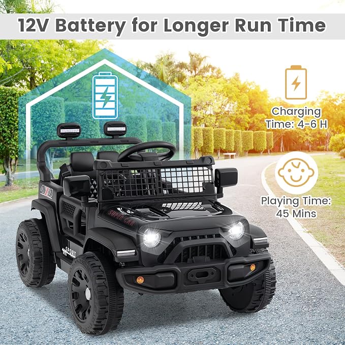OLAKIDS 12V Ride On Truck, Battery Powered Electric Vehicle for Kids with Remote Control, Foldable Reflective Mirror, Spring Suspension, Music, LED Lights, Ride on Toy for 3+ Boys Girls (Black)