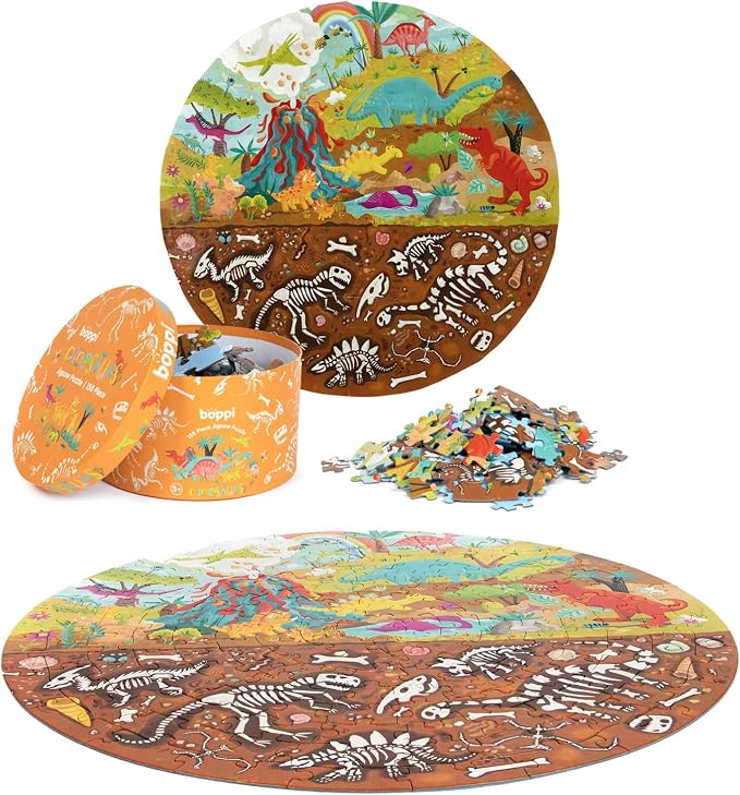 boppi Dinosaurs Round Jigsaw Puzzle with 100% Recycled Card T-rex Stegosaurus and Triceratops Fossils 150 Pieces for Children 5 6 7 8 Years 58cm Diameter