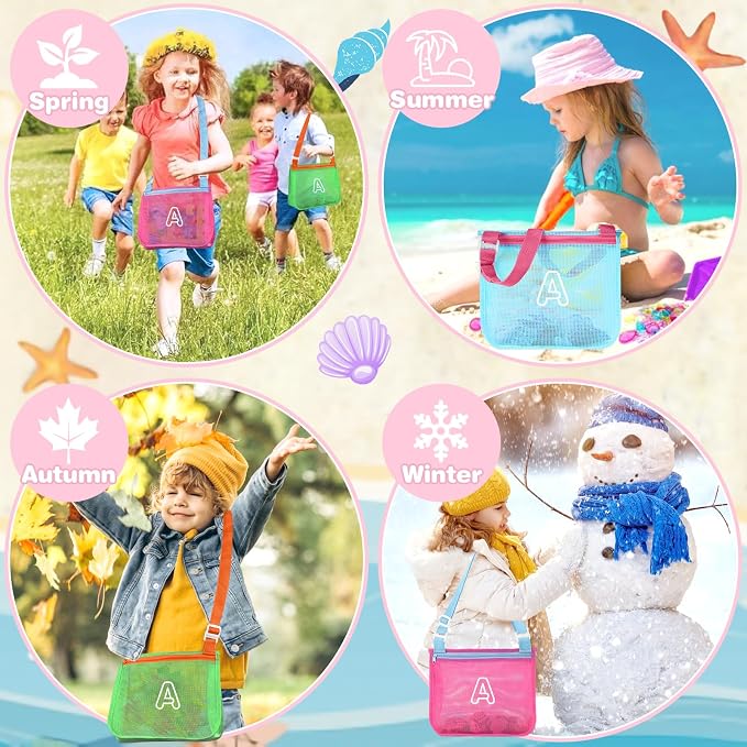 3Pcs Personalized Kids Beach Shell Bag, Initial Seashell Mesh Zipper Beach Pouch, Shell Collecting Bag for Holding Shells with Adjustable Straps, Sand Toys Swim Pouch Gift for Girl Boy Teens(Letter A)