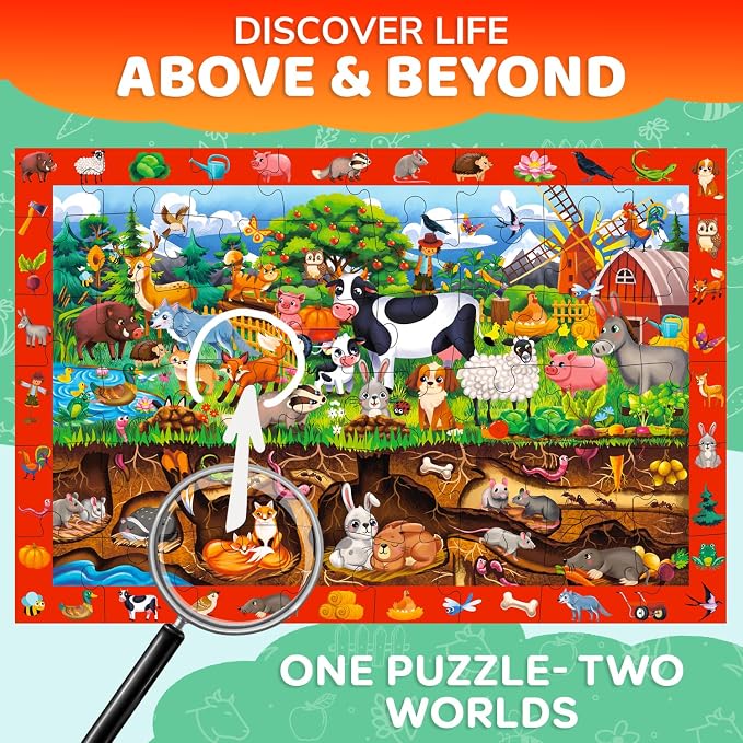 QUOKKA Giant Floor Puzzles for Kids Ages 4-6 – 2x3 Ft Search and Find Jumbo Jigsaw Puzzles for Kids Ages 3-5 – 48 Above and Beyond Farm Animals Scene for 4-8 yo – Toy with Gift Box for Toddlers