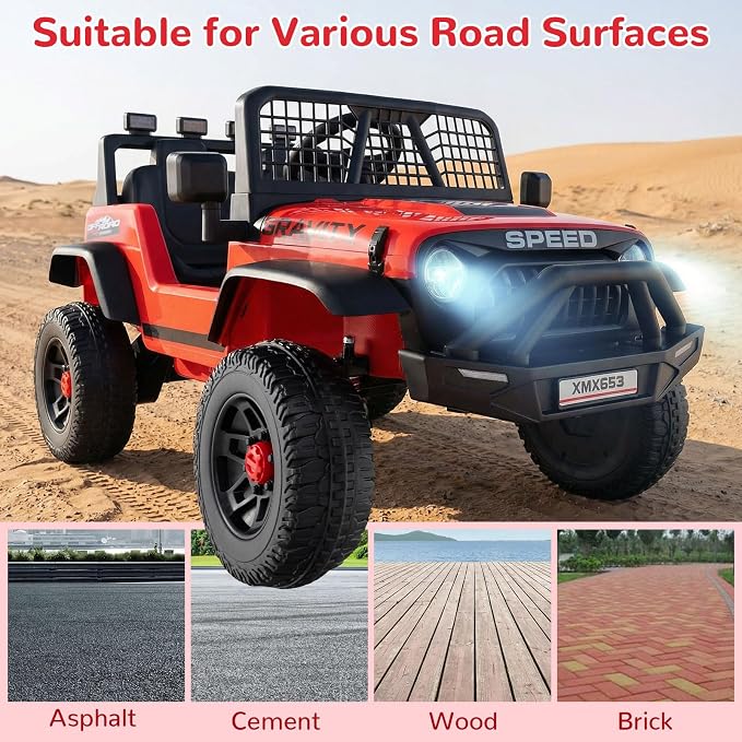 OLAKIDS 24V Ride on Car with Remote Control, Bluetooth, LED Lights, Horn, Spring Suspension, High/Low Speeds, Soft Start for Kids Aged 3+ (Red)