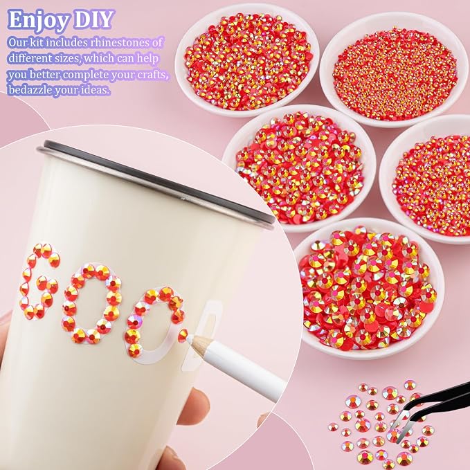25000Pcs Resin Rhinestones for Crafting, Red AB 2-6mm Mixed Sizes Non Hotfix Flatback Gems with 1Pcs Glue, Bedazzling Crystal for DIY Craft Clothing Mugs Tumblers Shoes Fabric Decor Nail Art