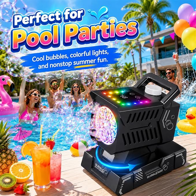 SHCKE Bubble Machine with Remote Control, Auto Rotation & 11 RGB Lights | 1800mAh Rechargeable Battery/USB-C,Top-Fill Portable Bubble Maker for Kids,Outdoor,Birthday Parties,Wedding,Camping,Pool