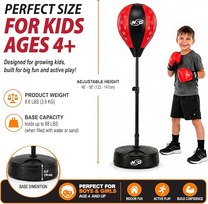 NSG Punching Bag for Kids & Boxing Gloves Set - Adjustable Freestanding Speed Bag with Spring-Loaded Stand, Junior Boxing Gloves & Hand Pump - Portable, Easy Assembly for Boys, Teens, Toddlers Ages 4+