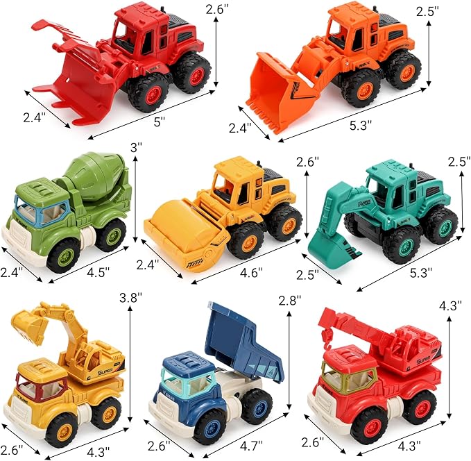 8 Pieces Construction Car Decor, Construction Vehicles, Truck, Excavator, Bulldozer, Mixer, Crane for Sandbox
