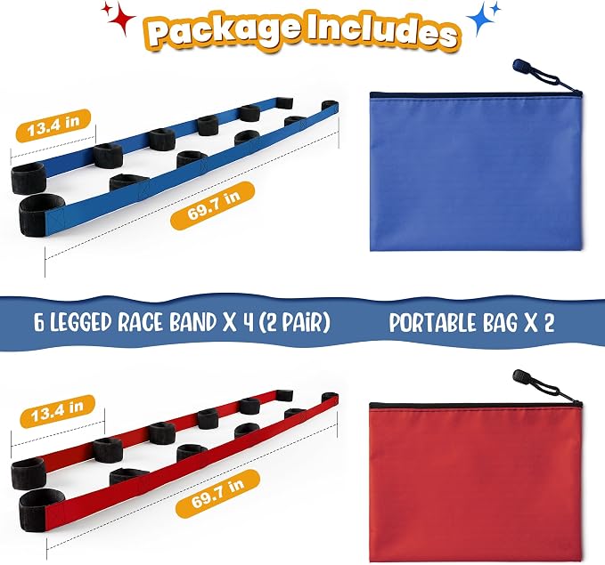 3 Legged Race Bands, Field Day Games for Adults, Outdoor Games for Carnival, Family Reunion & Backyard Party,Team Building Relay Race for 6 Players (2pk, Blue & Red)