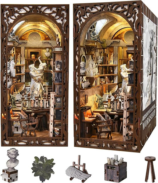 CCCDF DIY Book Nook Kit, 3D Wooden Puzzle for Adults, Teens, DIY Miniature Dollhouse Booknook Kit Bookend Bookshelf Insert Decor with LED Light (Bernini's Sculpture Workshop)