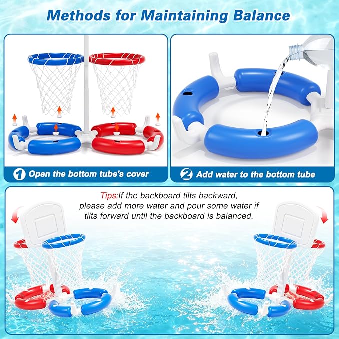 Double Pool Basketball Hoop with Backboard &Ring Toss Game, 2-in-1 Floating Pool Toy with 4 Balls 8 Rings&Pump,2 Player Games Summer Activities for Kids 5-8 8-12& Adult,Outdoor Swimming Party Gifts