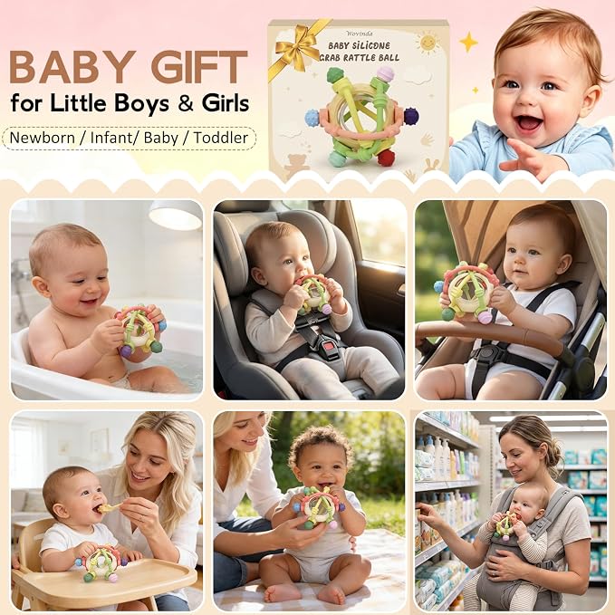 Baby Rattle Ball Sensory Toys - Silicone Baby Teether Teething Toys Over 3 Months - BPA Free Newborn Infant Toddler Toys Baby Shower Gifts