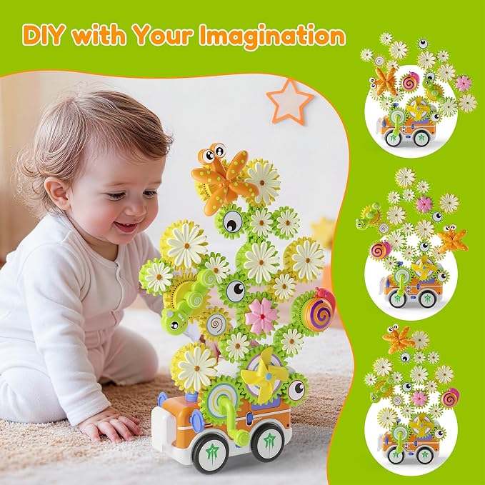 Gears Building Toys for Kids Ages 3+, STEM Construction Set for Toddlers, Train and Flower Models with Electric & Manual Modes, Lights and Music, DIY Educational Learning Toys Gift for Boys and Girls
