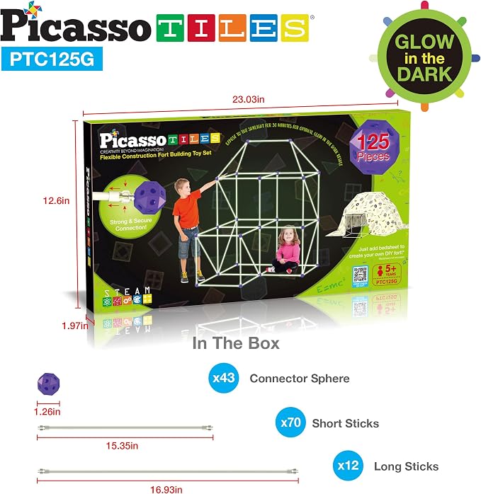 PicassoTiles Glow-in-The-Dark Indoor Outdoor Tunnel Tent Kids Fort Building Kit Playhouse for Boys & Girls Ages 3+ STEM Construction Toy Creative, Imaginative Play, and Problem Solving Skills PTC125G