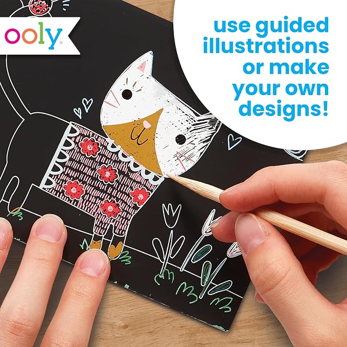 Ooly Mini Travel Crafts for Kids – 6 Card Scratch Art Kit, Compact Car & Airplane Activity, Wooden Stylus Included – Cutie Cats