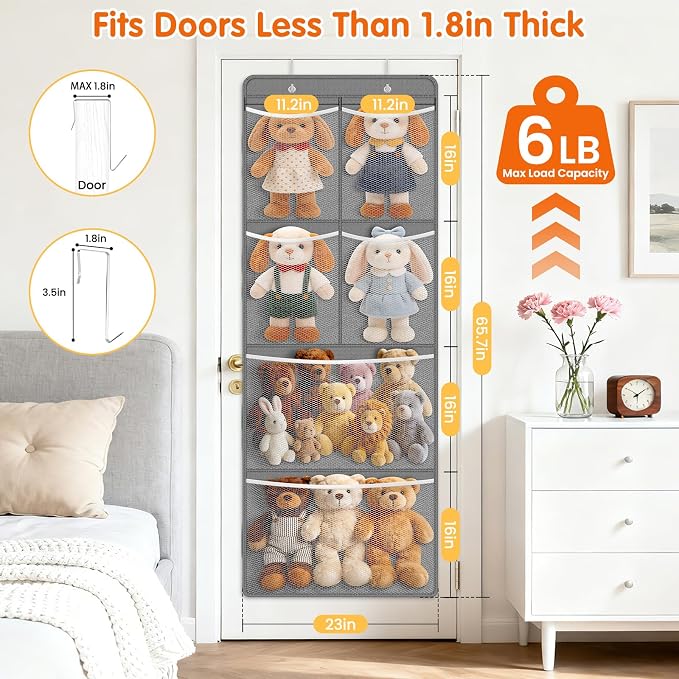 SpaceHacks Stuffed Animal Storage - Large Over the Door Organizer with 6 Expandable Mesh Pockets & Metal Hooks, Non-Woven Fabric Hanging Plush Items Holder for Nursery, Bedroom, Playroom (Gray)