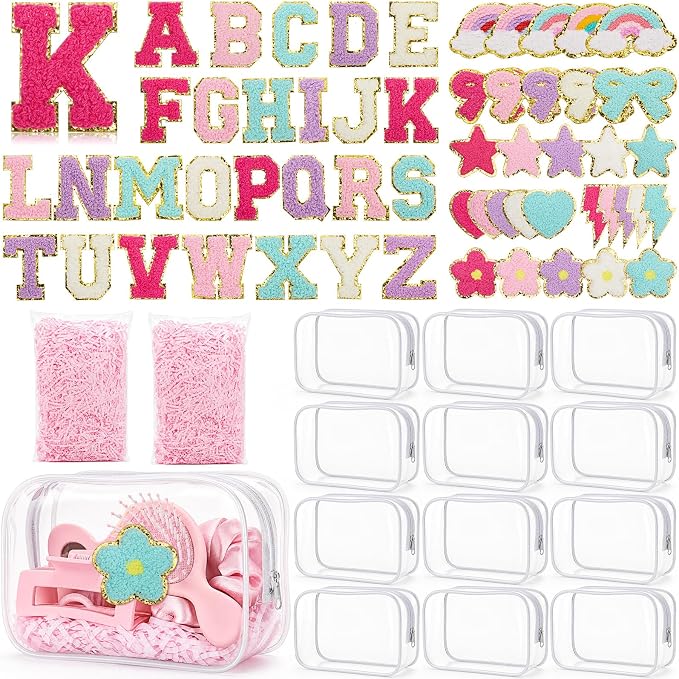Kacctyen 96 Pcs DIY Clear Cosmetics Bags Kit Including 12 Clear PVC Makeup Bags, 82 Pcs Chenille Letter Patches Self-adhesive Stickers, 2 Crinkle Paper Filler for DIY Craft Sleepover Party Gifts