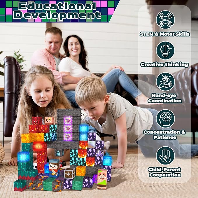 Magnetic Blocks with Light up Blocks -150PCS Magnetic Blocks for Kids Ages 4 5 6 7 8+, Magnetic Building Blocks Cubes, STEM Learning Toy for Kids, Easter Birthday Gift for 3-8 Year Old Boys Girls