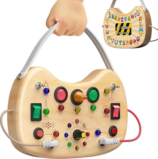 Busy Board with LED Light Switches,Toddlers Montessori Travel Toys for 1 2 3 Years Olds,Wooden Autism Activity Busy Board,Portable Sensory Switch Board toys 1+ Year Old Boy&Girl Birthday Gift