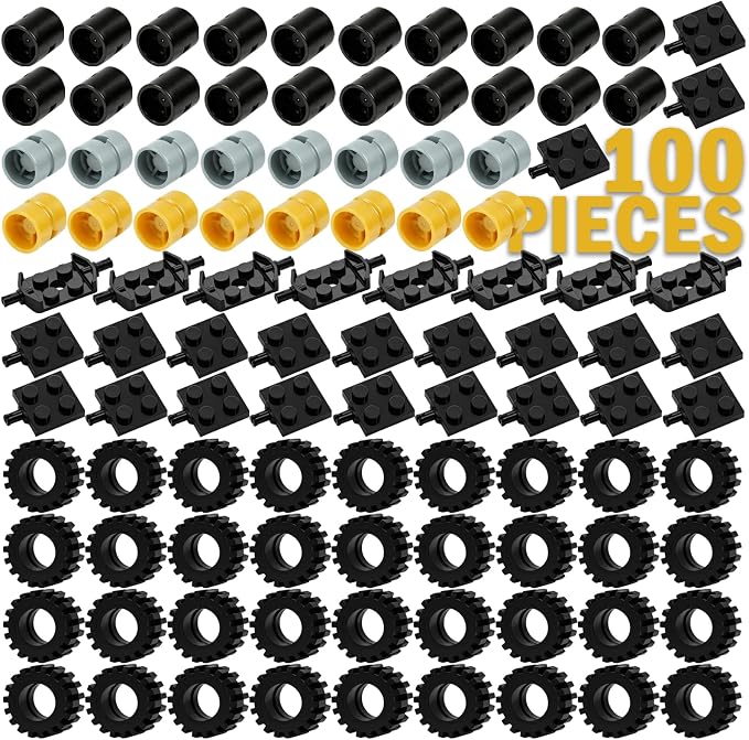 Pamvava Wheels and Axles Building Sets, 100 Pieces Vehicle Truck Tires Car Parts Accessories,Compatible with Major Brands Bulk Bricks, Construction Toys (Gold & Silver Hubs)