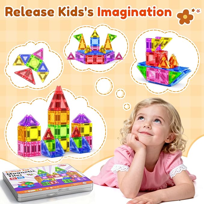 60PCS Mini Magnetic Tiles for Kids Ages 3-5 4-8 with Iron Box Travel Magnet Building Kids Toys for 3 4 5 6 7 8 Year Old Boys Girls Toddler Creativity Construction Sensory Valentines Birthday Gifts