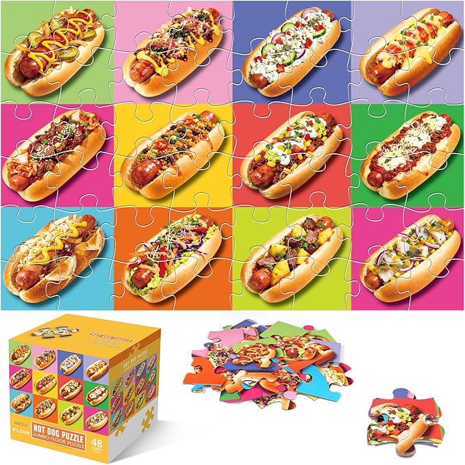 IFLOVE Hot Dog Floor Puzzle for Kids — 48 Piece Jumbo Hot Dog Jigsaw Puzzle, Food-Themed Puzzle with Colorful Hot Dogs and Toppings, Educational Toy Birthday for Boys Girls Ages 3-8