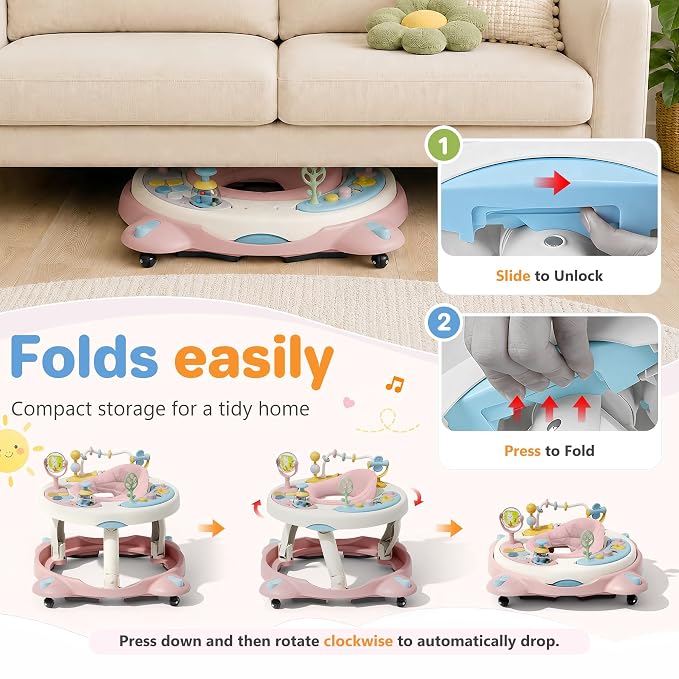 Baby Walker with Wheels, Foldable Baby Walker for Baby 6-12 Months, 3-Position Rotating Seat with Interactive Activity Center, Music Buttons, Baby Walkers for Boys Girls(Pink)