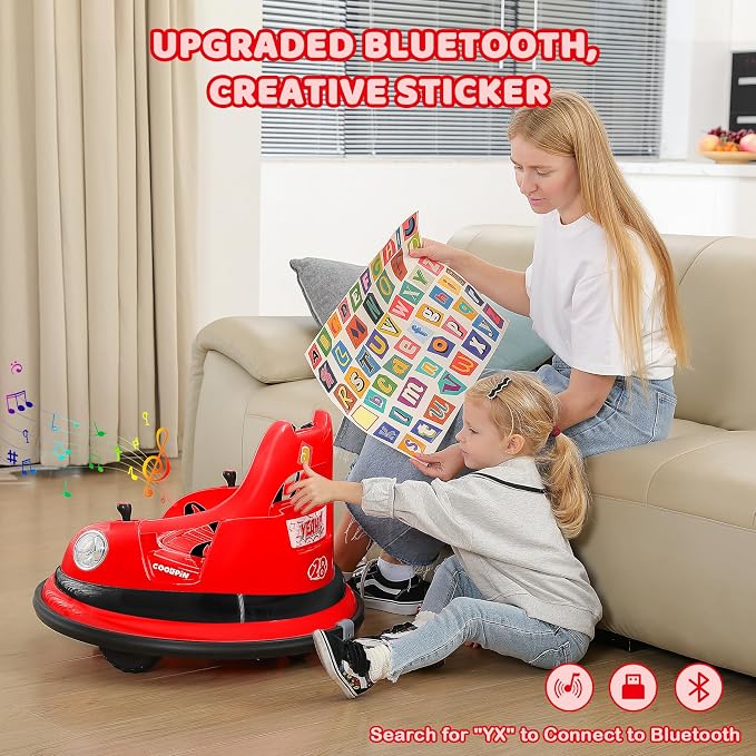 ELEMARA Kids Bumper Car, 1.9mph Max, 12V Electric Car for Toddlers, 360°Spin Bumping Car with Music, 5 Lighting Mode, DIY Stickers, Ride on Car with Remote Control, 2-Speed, 2 Driving Mode, Red