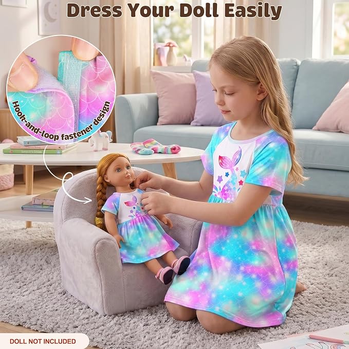 Play Tailor Doll and Girl Matching Nightgown Unicorn Outfit Pajamas Night Dress for Girls and 18" Dolls Clothes