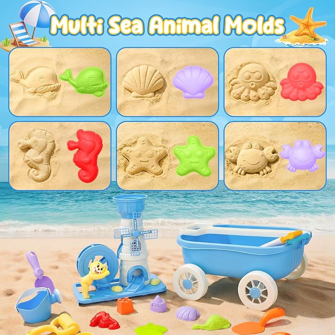 deAO Beach Toys for Kids 21 Pcs Sand Toys Set Includes Wagon Water Wheel Beach Tool Kit Watering Can Molds Summer Gifts for Toddlers Ages 3-8