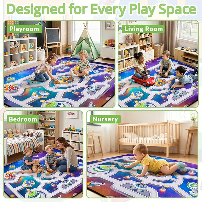 Kids Space Rug 3 x 5 Ft, Outer Space Road Play Mat with Planets & Rockets, Non-Slip Educational Carpet for Playroom