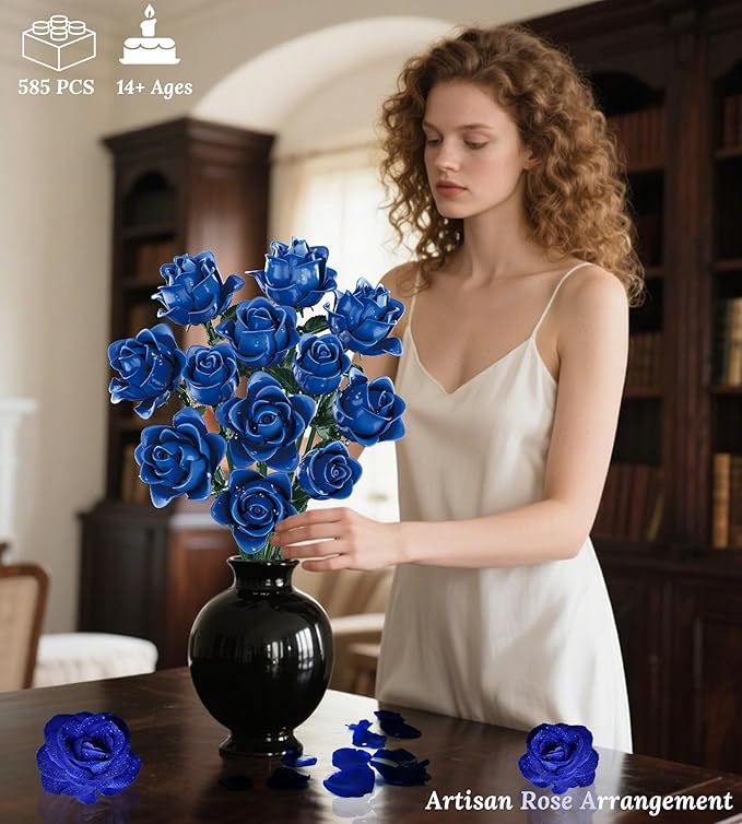 Blue Roses Flower Bouquet Building Set, Compatible with Lego Flowers, Artificial Flowers Botanical Collection Gift for Halloween Gothic Retro Home Decor