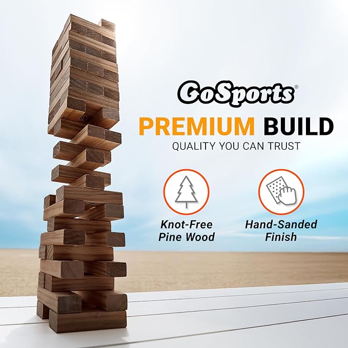 GoSports Giant Wooden Outdoor Stacking Game – Stacks Up to 3 ft – Large Toppling Tower with Case for Yard Games, Family Game Night, Camping, and Parties