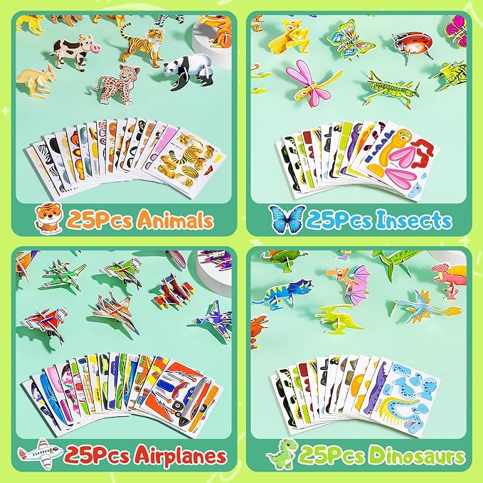 3D Puzzles for Kids,100 Pcs 3D Cartoon Puzzles,Educational 3D Cartoon Puzzle,3D Puzzle for Kids Ages 4-10,Educational Montessori Toys,Kid Birthday Children's Day Gift