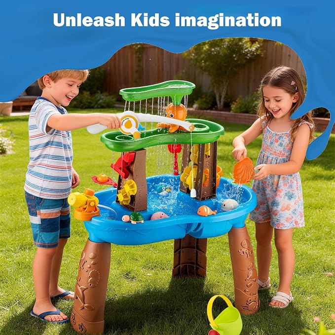 Water Table for Toddlers 3-5 Outdoor Toys for Kids Ages 4-8 3-Tier Kids Sand Water Tables with Fishing Game Set Activity Sensory Table Summer Gift Beach Outside Toys for Toddler Boys