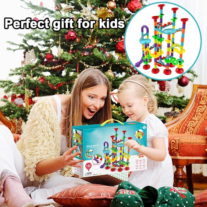 142 PCS Marble Toy Premium Set,STEM Educational Building Block Toy,Marble Track Race Set with 30 Glass Marbles for Boys & Girls,Construction Building Blocks Toys for Kids