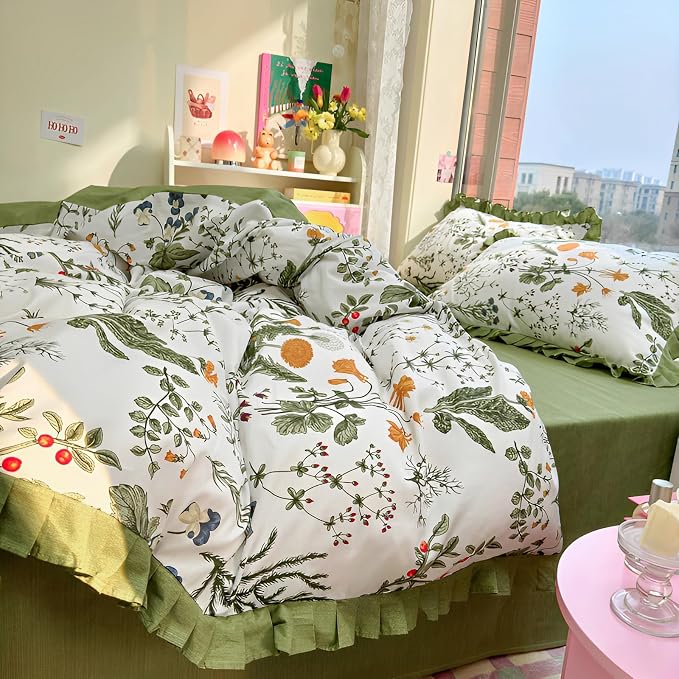 Twin XL Comforter Set 3 Pieces Cute Flower Botanical Comforter Set with Chic Ruffles Aesthetic Green Floral Comforter with 2 Pillowcases Romantic Princess Ruffle Bedding Comforter for Teen Girls