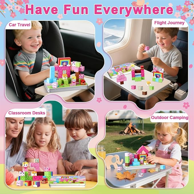 QOUBAI 45PCS Mini Magnetic Blocks Travel Toys, Magnet Building Cubes Tiles Set with Portable Iron Case, Learning Activities Gifts for Kids Toddlers Boys & Girls Ages 3-8 (Unicorn Rainbow)