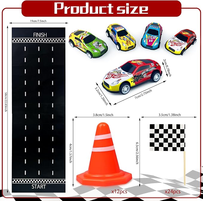 41PCS Mini Race Car Table Game Set Mini Race Cars Traffic Cones Checkered Flags Racetrack Tablecloth for Doll House Decor Birthday Party Supplies
