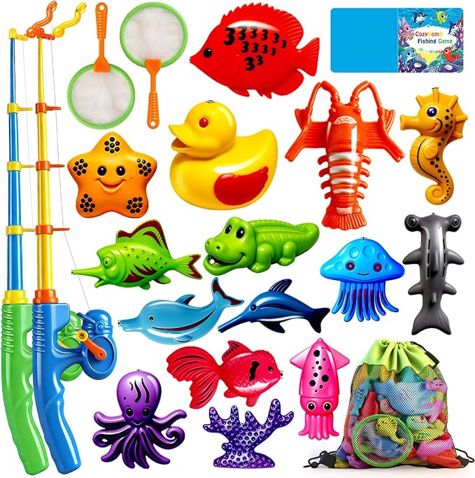 CozyBomB™ Magnetic Fishing Toys Game Set for Kids | Water Table Bathtub Kiddie Pool Party Pole Rod Net, Outdoor Plastic Floating Fish, Toddler Bath Color Ocean Sea Animals Birthday Gift Age 3-5 6 4-8