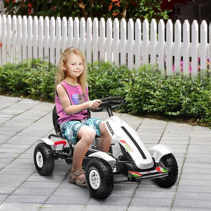 Aosom Kids Pedal Go Kart, Outdoor Ride on Toys with Adjustable Seat, Sharp Handling, Handbrake, 4 Non-Slip Rubber Wheels for Boys & Girls Aged 5-12 Years Old, White