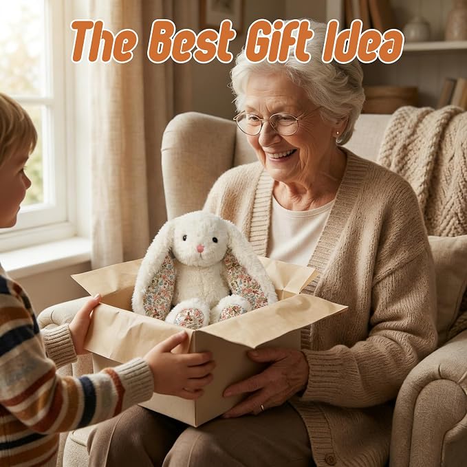 Floral Bunny Stuffed Animal Cream French Style Blossom Romantic Rabbit Plush Toy Easter Stuffers Birthday Gifts Girlfriend Kids Party Favors Home Aesthetic Bedroom Decoration 8.7 Inch 9.5 oz