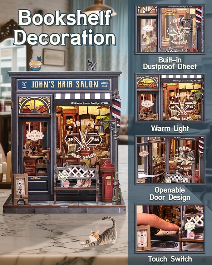 Book Nook Kit - DIY Adult Miniature Dollhouse, Hair Salon Themed, 3D Wooden Puzzle Bookend, Bookshelf Decor Gift for Family and Friends (John's Hair Salon)