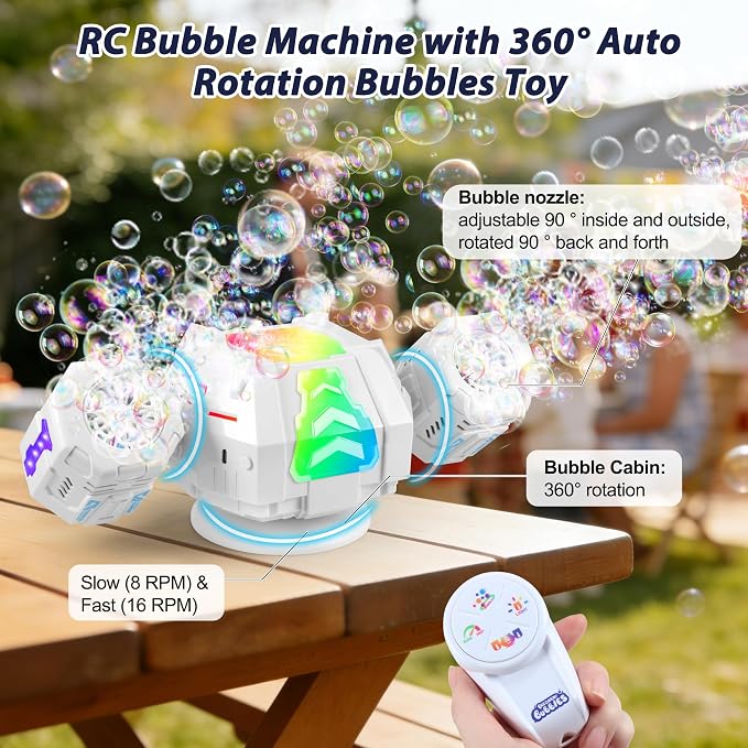2026 RC Bubble Machine with RGB Lights, 360° Auto Rotation Bubbles Toy, Rechargeable Battery, Bubble Blower Maker for Kids, Parties, Birthday Gift, Weddings, Indoor Outdoor Activity, 30k+ Bubbles/Min