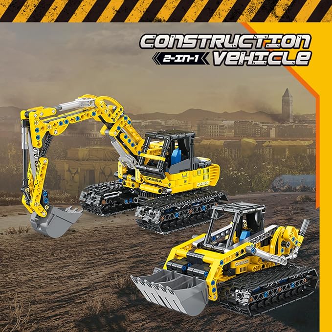 2-in-1 Excavator & Bulldozer Building Kit - 399 Pieces STEM Educational Construction Toys for Kids, Creative Birthday Gift Idea