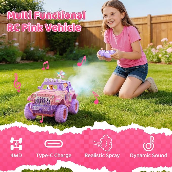 Remote Control Car for Girls with Spray and Sound, 2.4GHz All-Terrain Sparkling Pink RC Cars,Doll and Pet,Windmill,DIY Stickers,Rechargeable Battery,Toys Cars Birthday Gift for Girls Age 6-12