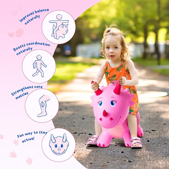 ZOOJOY Dinosaur Bouncy Animal Hopper, Inflatable Bouncy Hopping Toys for Toddlers 1-3, Ride-on Bouncing Toys for ChristmasBirthday Gifts for Boys Girls, Pink Gril Toys WFree Pump