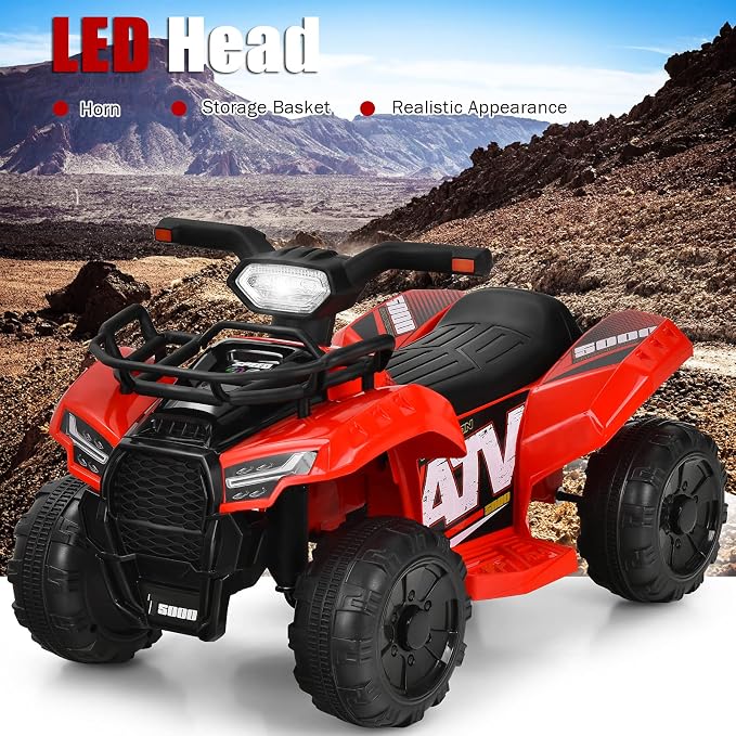 Costzon Kids ATV, 6V Battery Powered Electric Vehicle Four Wheeler Quad w/Storage Basket, Headlight, Horn, Music, MP3 & USB, Toddler 4 Wheeler Ride on Car Toy for Boys Girls 18-36 Months (Red)