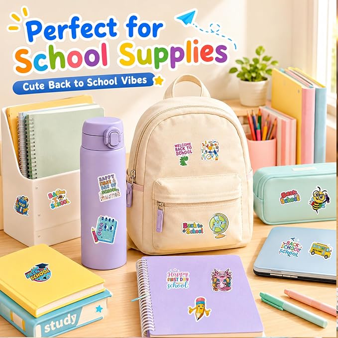 QTL Black to School Stickers for Students, Black to School Party Supplies, Waterproof Vinyl Stickers for Water Bottle Laptop, 60 Pcs